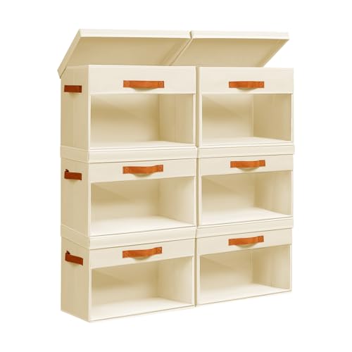 Homsorout Large Storage Bins with Lids - 6 Pack Foldable Decorative Organizers with Clear Windows & Handles, Cube Storage Organizers for Clothes, Blankets, Sweaters, Sheets, Beige - color: Beige, size: 13.7 Inch-6 Pack
