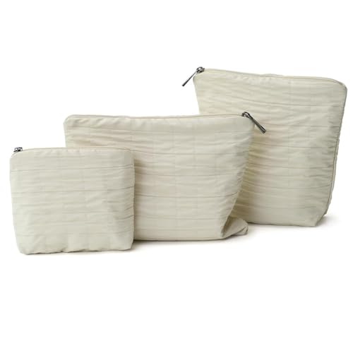 Small Cosmetic Bag Set of 3 for Purse, Beige Grid Makeup Bag Organizer, 3 Sizes Zipper Pouch Organizer for Travel & Toiletries, Gift for Her Birthday, Bridesmaid & Best Friend - color: BeigePlaid/Polyester
