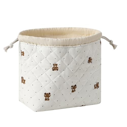 Cotton Quilted Drawstring Makeup Bag with Canvas Lining,Coquette Aesthetic Cute Travel Toiletry Bag,Drawstring Gift Bag for Women and Girls（15Dot Bear） - color: 15Dot Bear