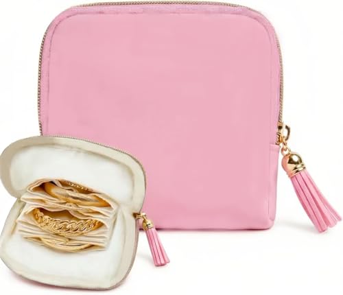 Mini Travel Jewelry Case, Small Jewelry Organizer, Jewelry Travel Case for Women, Portable Travel Jewelry Organizer Bag, Travel Jewelry Box – 5.3 × 5.1 inches (Pink) - color: Pink