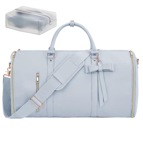 Garment Bags for Travel, Convertible Suit Travel Bag for Women, Stylish Carry On Garment Bag with Toiletry Pocket, Shoulder Strap and Shoes Compartment, 2 in 1 Foldable PU Leather Duffle Bag, Blue - color: Blue