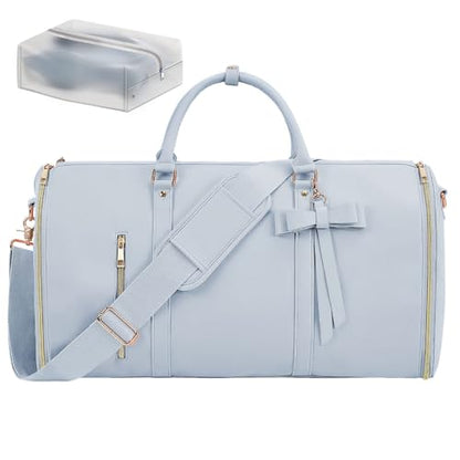Garment Bags for Travel, Convertible Suit Travel Bag for Women, Stylish Carry On Garment Bag with Toiletry Pocket, Shoulder Strap and Shoes Compartment, 2 in 1 Foldable PU Leather Duffle Bag, Blue - color: Blue