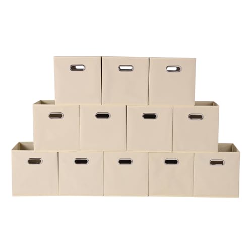 Fabric storage bins Cubes, Fabric Cube Organizer with Handle, Foldable Cube Bins for Cloth or Accessary Storage, 11x11x11, Set of 12, (Creamy White) - color: Creamy White, size: 12 Pack