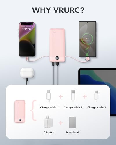 VRURC Portable Charger Built-in Cables and AC Wall Plug,USB C Power Bank 10000mAh, Travel Essentials Phone Charger Compact Lightweight External Battery Pack for Smart Phones, Tablets etc-Pink - color: Pink