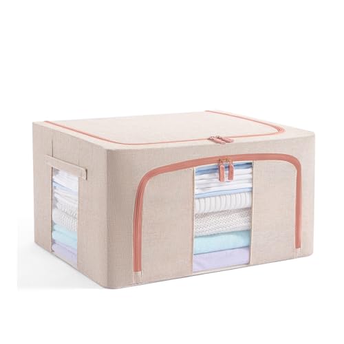 GuliPostan 24L Stackable Clothes Storage Bins with Metal Frame Handles & Zipper, Collapsible Closet Organizer Box with Lid for Bedding Blankets Towel (Beige,1 pack) - color: Beige, size: Small-24L (1 Pack)