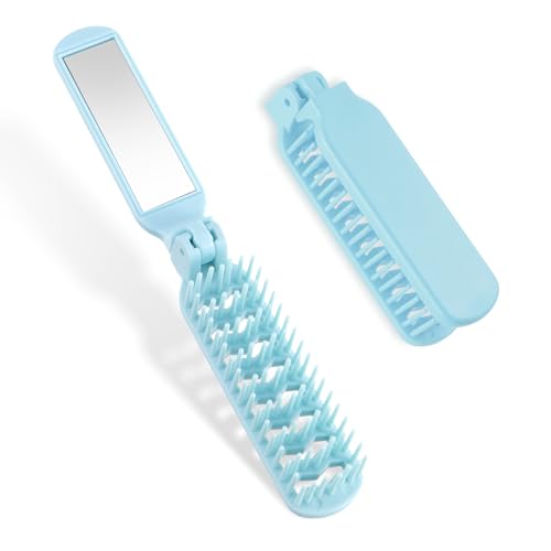 Travel Mini Purse Brush with Mirror - Foldable Detangler Brush, Portable Pocket Size, Collapsible Hair Comb for Women - Blow Drying, Smoothing, Detangling, Restore Shine - color: Blue