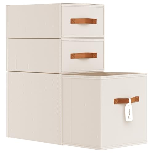 DIMJ Closet Organizers and Storage - Fabric Storage Bins with Drawers Stackable Closet Bins with Labels for Clothes, Sweaters, Bedding, Collapsible Storage Cubes for Bedroom, Living Room, Shelf - color: Beige, size: Large - 3 Pack