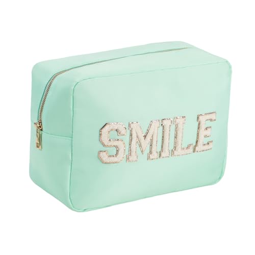 Beach Vacation Essentials Large Makeup Bag Chenille Glitter Cosmetic Pouch Travel Toiletry Kit Bag for Women (XL,Mint-Smile) - color: Mint-Smile, size: XL