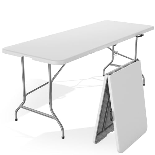 Sweetcrispy 6 FT Folding Picnic Table Easy to Fold and Store, Foldable Table for Camping Picnic Dining Party Kitchen Outdoor Indoor with Carrying Handle - color: Basic White, size: 6 FT