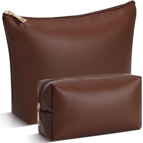 Kigeli 2 Pcs PU Leather Makeup Bag Set for Women Waterproof Aesthetic Cosmetic Bag Large & Small Travel Toiletry Organizer Pouch Skincare Organizer Bridesmaid Mother's Day Birthday Gift(Dark Brown) - color: Dark Brown