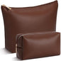 Kigeli 2 Pcs PU Leather Makeup Bag Set for Women Waterproof Aesthetic Cosmetic Bag Large & Small Travel Toiletry Organizer Pouch Skincare Organizer Bridesmaid Mother's Day Birthday Gift(Dark Brown) - color: Dark Brown