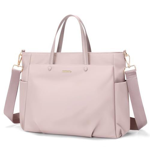 14 Inch Laptop Tote Bag for Women, Lightweight Nylon Work Shoulder Bag, Water-Resistant Computer Handbag with Pockets for Business Travel & Commute (Pinkish Grey) - color: Pinkish Grey, size: 14 Inch