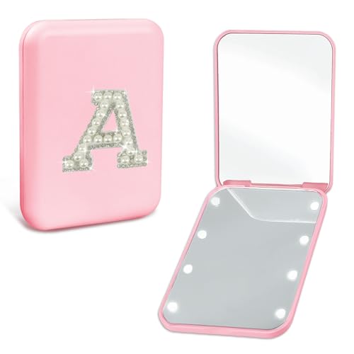 Preppy Stuff Pearl Initial Travel Compact Mirror with Lights, Personalized 1X/2X Magnification Mini LED Pocket Makeup Mirror for Purse Trendy Gift Stocking Stuffers for Women Teen Girls (A) - color: A