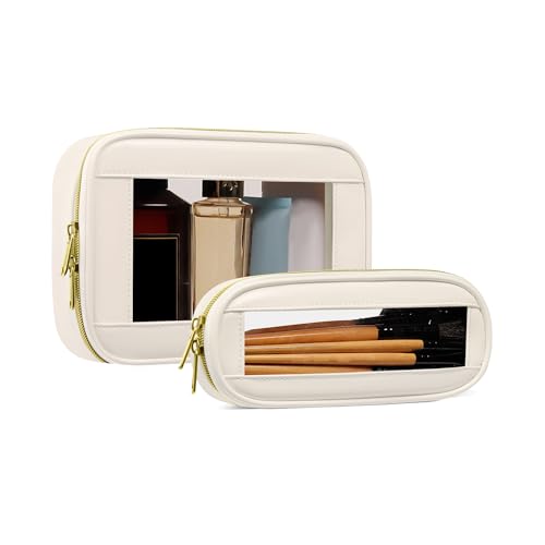2-Piece Leather Clear Makeup Bag Set, Clear Cosmetic Bag with Zipper, Waterproof Makeup Brush Bag, TSA Approved Toiletry Bag for Travel, Car Organization for Women (Beige-2, Slim+Medium) - color: Beige-2, size: Slim+Medium