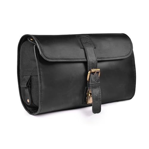 LEATHER VILLAGE Hanging Genuine Leather Toiletry Bag for Men & Women with Waterproof Lining – Handcrafted Vintage Travel Dopp Kit, Shaving Organizer & Shower Bathroom Essentials Case - Black - color: Black