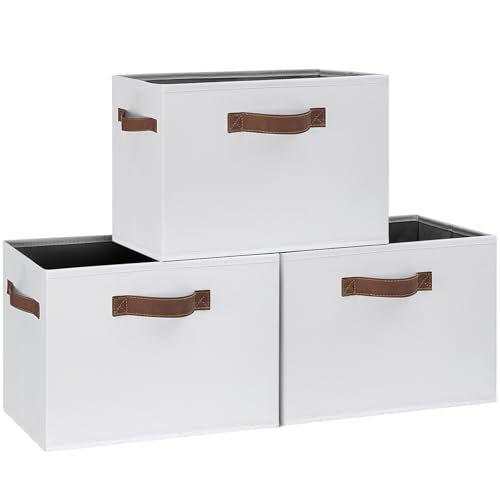 GhvyenntteS Large Fabric Storage Bins with 3 Handles, 15x11x9.6 Inch Storage Baskets for Shelves, Foldable Closet Storage Bins for Shelves, Closet Organizers and Storage Boxes, White - color: White, size: Large-3 Pack