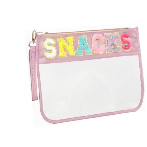 Clear Zipper Pouch for Travel Snacks Bag Nylon Clear Cosmetic Bag Makeup Travel Bag for Women with Glitter Patch Letters (Pink-Snacks) - color: FS-SNACKS