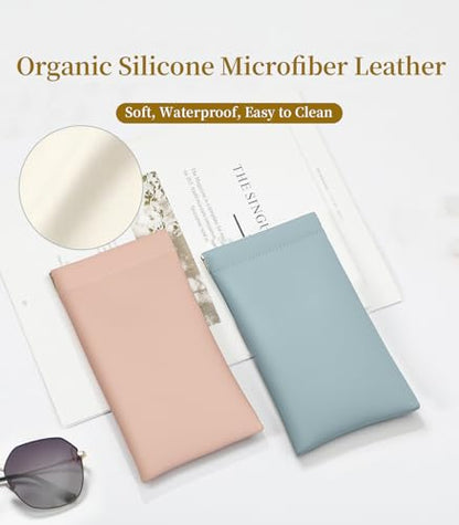 Squeeze Top Sunglass Case, New Organosilicon Soft PU Leather Eyeglass Glass Case Travel Large Sunglasses Pouch - color: Pink+blue