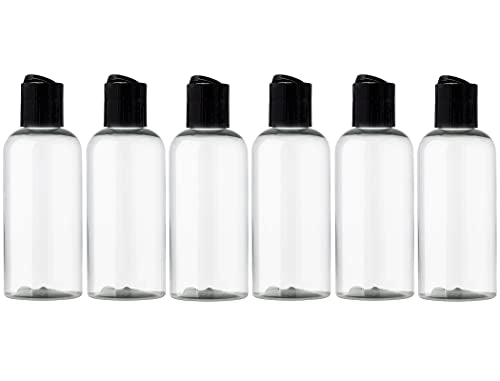 ljdeals 4 oz Clear Plastic Empty Bottles with Black Disc Top Caps, Refillable Cosmetic Containers for Shampoo, Lotions, Cream and more Pack of 6, BPA Free, Made in USA
