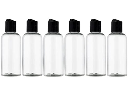 ljdeals 4 oz Clear Plastic Empty Bottles with Black Disc Top Caps, Refillable Cosmetic Containers for Shampoo, Lotions, Cream and more Pack of 6, BPA Free, Made in USA