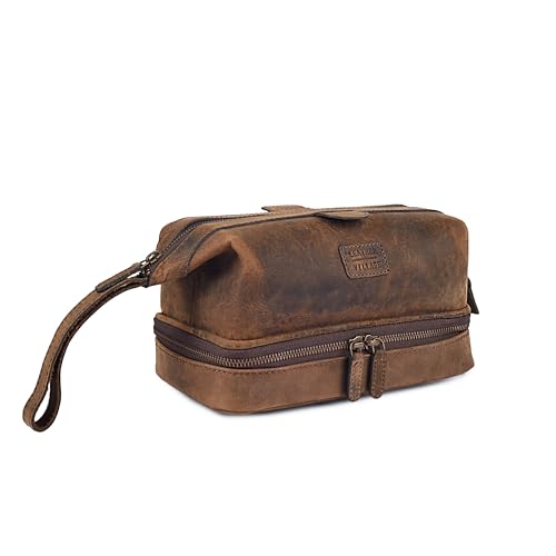 LEATHER VILLAGE Genuine Leather Dopp Kit – Large Travel Toiletry Bag with Waterproof Lining, Dual-Zip Design for Men & Women, Organizer for Shaving, Makeup & Essentials - Rustic Brown - color: Rustic Brown