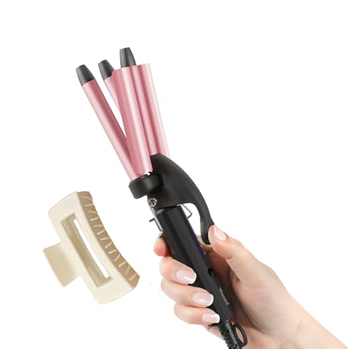 Mini Hair Crimper 4 Temperature Adjustable, 1/2 Inch Small 3 Barrel Curling Iron Hair Waver Dual Voltage Travel Size, Tiny Crimper Hair Tool Create Natural Tight Beachy Waves (Rose Gold) - color: Pink