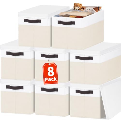 Large Closet Organizer Bins with Lids 8 Pack - Nursery Storage Baskets for Shelves Bedroom Dorm - Stackable RV Closet Organization Cubes Box with Handles for Clothes Purse Blanket Towel Magazine - color: White with Beige, size: 8pcs-Large