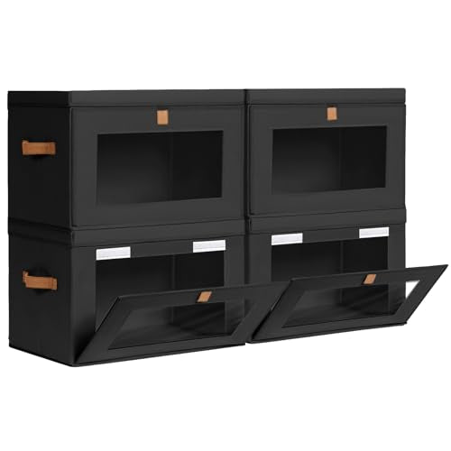 Homsorout Collapsible Storage Bins - Large Stackable Organizer Bins, Decorative Boxes with Handles & Window, Fabric Containers for Living Room, Closet, Dorm, 4 Pack, Black - color: Black, size: Large - 4 Pack