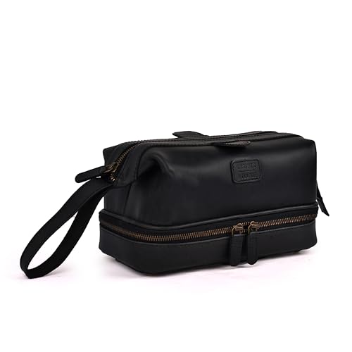 LEATHER VILLAGE Genuine Leather Dopp Kit – Large Travel Toiletry Bag with Waterproof Lining, Dual-Zip Design for Men & Women, Organizer for Shaving, Makeup & Essentials - Black - color: Black