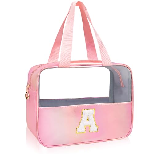 Initial Clear Makeup Bag Personalized Pink Clear Cosmetic Bag, Cute Large Make Up Bags Organizer Bag, Travel Toiletry Bag for Women Girl Gifts A (Pink) - color: Pink, style: A