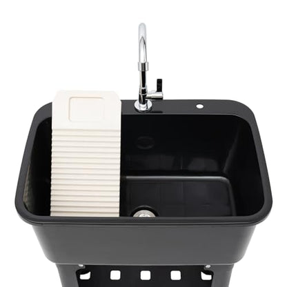 Laundry Sink, Freestanding Plastic Laundry Sink With Washboard Utility Sink Laundry Tub Indoor and Outdoor Utility Sink with Faucet Hoses Drain Kit for Laundry Room Washing Room Garden Garage - color: 23.62*15.75*30.12in -Black