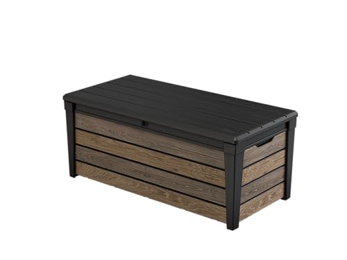 Keter Signature Collection 120 Gallon Resin Deck Box Organization and Storage Box for Patio Outdoor Cushions, Throw Pillows, Garden Tools and Pool Supplies, Walnut - color: Walnut, size: 120 Gallon