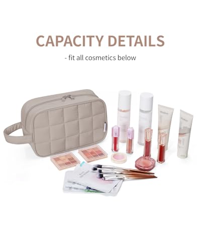 Narwey Quilted Makeup Bag Puffy Make up Bag Cosmetic Bag Organizer, Puffer Travel Toiletry Bag for Traveling Women Girl, Travel Bag for Toiletries, Skincare Medicine Bags (Khaki) - color: Y-Khaki