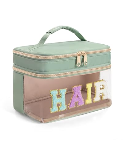 Fasrom Double Layer Hair Accessories Organizer, Preppy Patch Makeup Bag with HAIR Chenille Letter, Portable Travel Cosmetic Pouch Clear Toiletry Case for Women Girl, Green(Bag Only, Patent Design) - color: Green