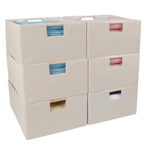 ANMINY 6PCS Closet Storage Baskets for Shelves, 13.4 x 9 Inch Collapsible Fabric Storage Bins with Wood Handles Cloth Shelves Organizer Bins Decorative Fabric Baskets - Small, Beige - color: Beige, size: Small (Pack of 6)