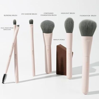 BEILI Mini 6Pcs Makeup Brush Set – Soft Pink, Travel Makeup Brushes for Foundation, Contour, Highlighter & Blending, Includes Sponge and Gift-Ready Box - color: Pink