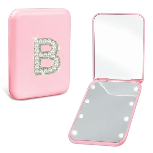 Travel Essentials Accessories Mini Makeup Mirror with Lights Pearl Initial 1X/2X Magnification LED Compact Mirror for Purses, Preppy 2-Sided Pocket Mirror Gifts for Women Teen Girls (B) - color: B