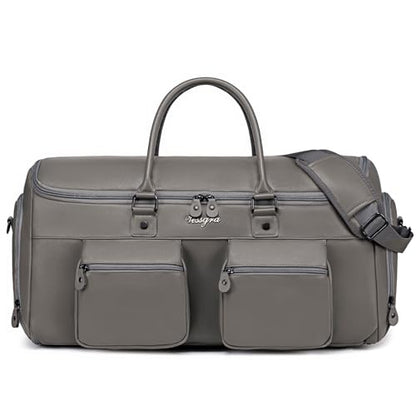 Suit Bag Travel,Vessgra 2 in 1 Leather Duffle Bags for Men 56L Duffel Bags for Traveling PU Leather Garment Bag with Shoe Compartment,Travel Carry on Bag Weekender Bussiness Wedding,Grey - color: Grey