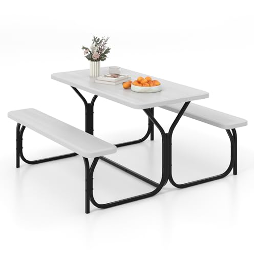 S AFSTAR Picnic Table Bench Set, 59” Expanded Rectangular Picnic Table, Outdoor Table and Bench W/Steel Frame & Wood-Like Texture Tabletop, Camping Table Chair Set for Garden Patio Lawn Deck (White) - color: White
