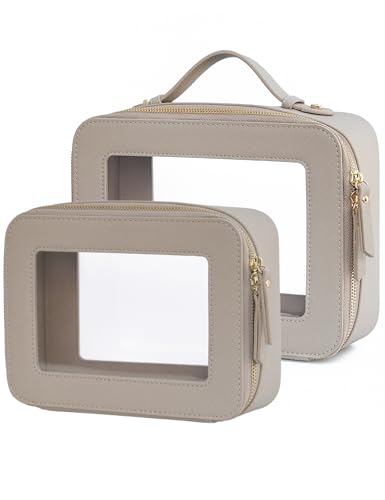 Popvibe Clear Makeup Bag Travel Cosmetic Case Transparent Toiletry Bag with Zipper, Portable Make Up Organizer Traveling Compact Car Bag for Essentials - color: Stone, style: Dual Elegance