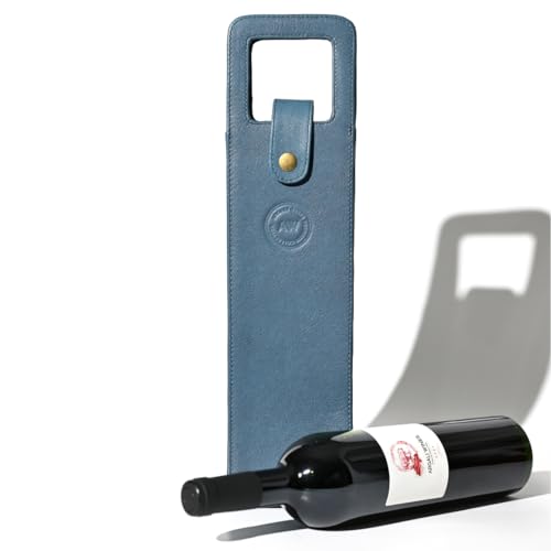 Premium Collection Single Bottle Wine Tote, Blue | Genuine Leather, Secure Locking Strap, Elegant & Durable, Sophisticated Gift for Wine Enthusiasts - color: Blue