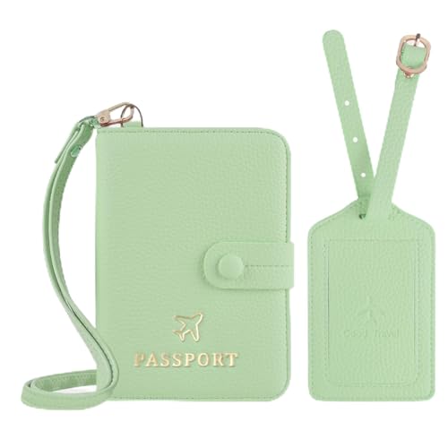 Boutilon Leather Passport Holder Covers Case with Neck Lanyard and Luggage Tag Waterproof RFID Blocking Travel Wallet Solid Color Passport Organization for Women and Men (Jasmine Green) - color: Jasmine Green