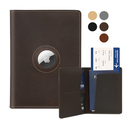 Airtag Passport Holder for Men and Women Travel, Real Leather Passport Wallet, Handmade Passport Cover Case with Airtag Slot, Travel Must Haves Essentials Accessories Birthday Gift(Crazy Horse,Coffee) - color: Coffee