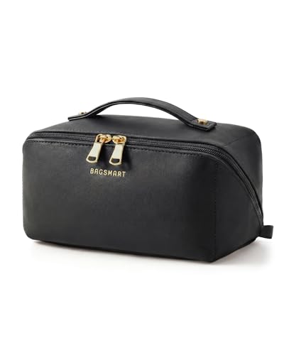 BAGSMART Makeup Bag Travel Cosmetic Bag, Large Make Up Bag Flat Open Toiletry Bag for Women, Waterproof PU Leather Travel Essentials Organizer Case, Wide-open Pouch Purse for Skincare, Brushes, Black - color: 02- Black
