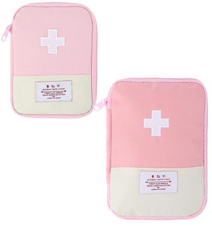 Small First Aid Pouch Empty, 2 Pcs Pink First Aid Kit, Mini Portable Oxford Fabric Medical Bag with 2 Different Sizes for Outdoor Indoor Camping Hiking Traveling Sports Car Home Emergency