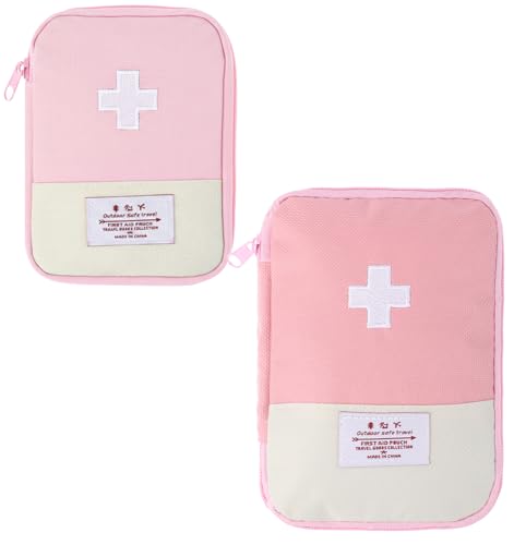Small First Aid Pouch Empty, 2 Pcs Pink First Aid Kit, Mini Portable Oxford Fabric Medical Bag with 2 Different Sizes for Outdoor Indoor Camping Hiking Traveling Sports Car Home Emergency