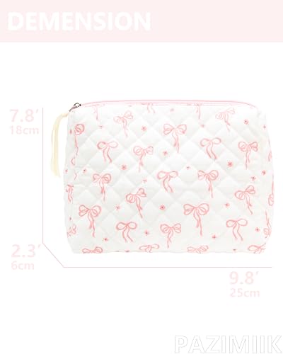 Quilted Makeup Bag Large Travel Zipper Soft Cosmetic Pouch for Women Girls Make Up,Bow Pink - color: Bow Pink, size: 1 PCS Pouch