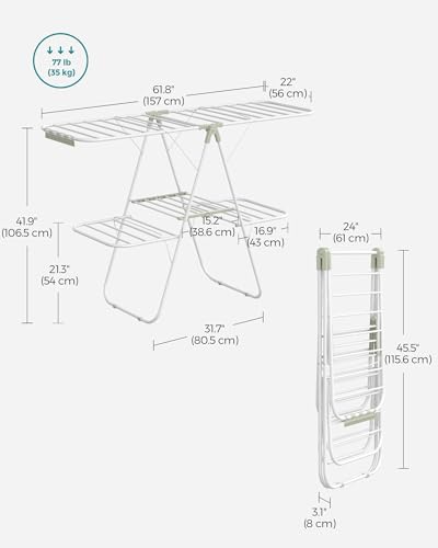 SONGMICS Clothes Drying Rack, Foldable 2-Level Laundry Drying Rack, Free-Standing Laundry Airer, with Height-Adjustable Wings, 33 Drying Rails, Sock Clips, White and Green ULLR053C01V1 - color: White + Green, size: 2 Tiers（22"d x 61.8"w x 64.3''h )