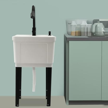 Utility Sink Laundry Tub Garage Sink w/Pull-out Faucet Freestanding Utility Sink Slop Sink for Washing Room Restaurants Utility Rooms Gardens, 19.69"W x 18.9"D x 33.07"H - color: White+Black, 19.7 x 18.9 x 33.1in