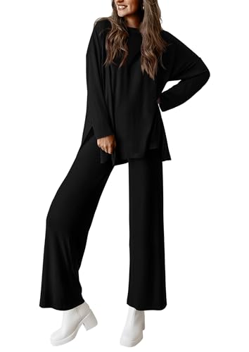 PRETTYGARDEN Women's Two Piece Lounge Sets Matching Long Sleeve Shirts Wide Leg Pants Tracksuits Travel Outfits Fall Clothes - color: Black, size: Small